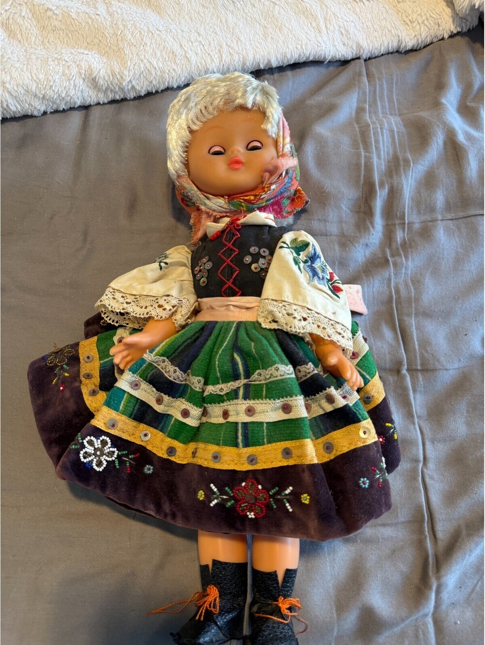 Vintage Polish Folk Doll Łowicz Costume Striped Pasiak Beaded Velvet Sleep Eyes